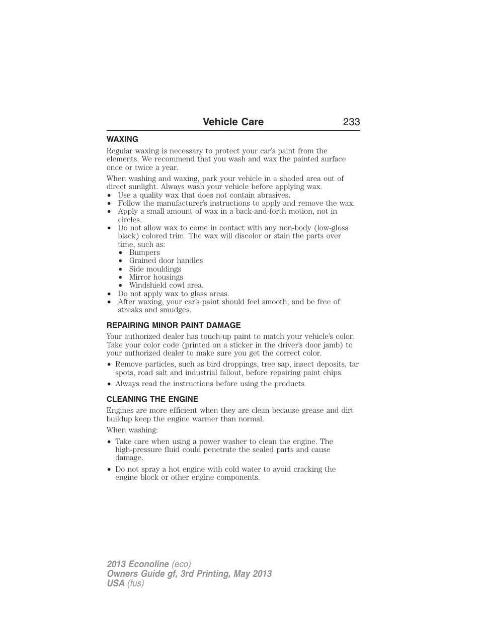 Waxing, Repairing minor paint damage, Cleaning the engine | Vehicle care 233 | FORD 2013 E-450 v.3 User Manual | Page 234 / 444