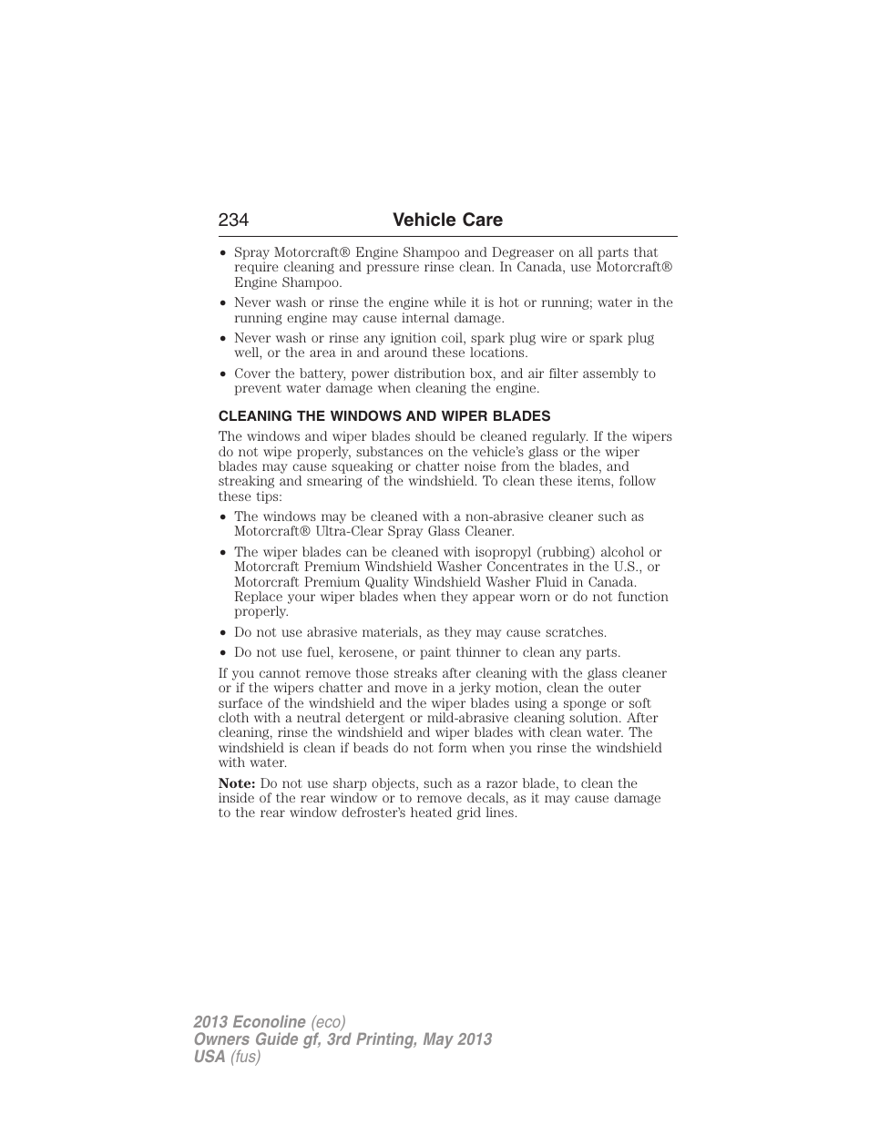 Cleaning the windows and wiper blades, 234 vehicle care | FORD 2013 E-450 v.3 User Manual | Page 235 / 444