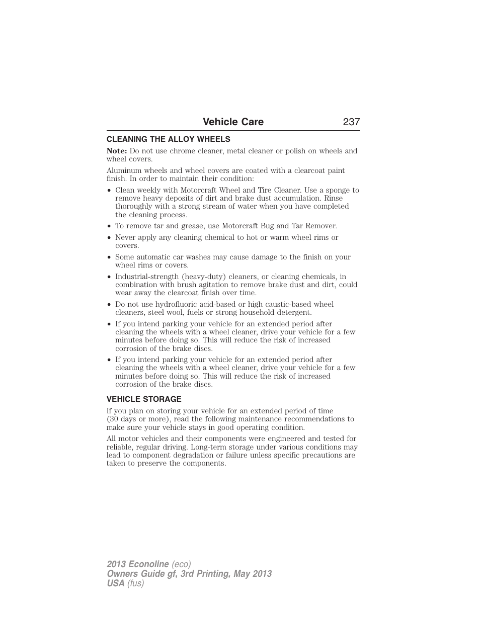 Cleaning the alloy wheels, Vehicle storage, Vehicle care 237 | FORD 2013 E-450 v.3 User Manual | Page 238 / 444