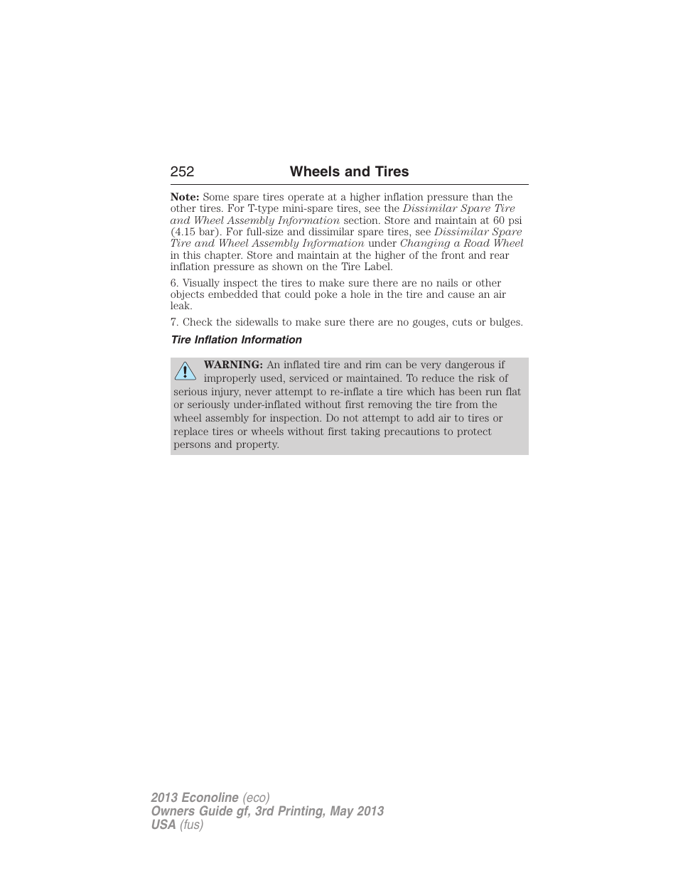 Tire inflation information, 252 wheels and tires | FORD 2013 E-450 v.3 User Manual | Page 253 / 444