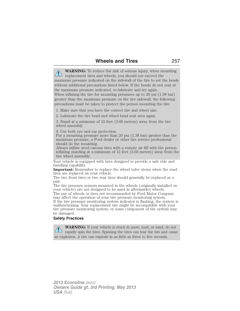Safety practices, Wheels and tires 257 | FORD 2013 E-450 v.3 User Manual | Page 258 / 444