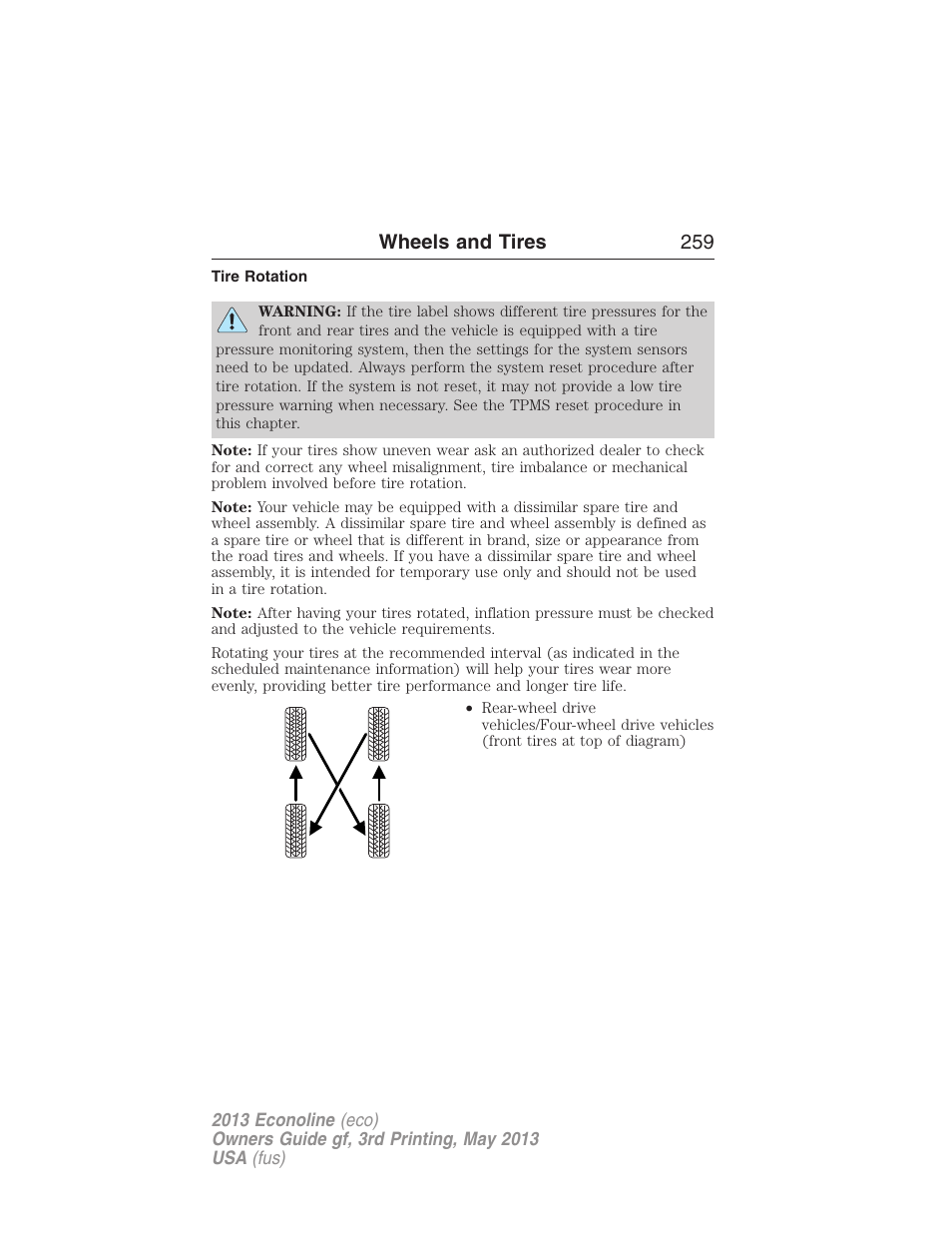 Tire rotation, Wheels and tires 259 | FORD 2013 E-450 v.3 User Manual | Page 260 / 444