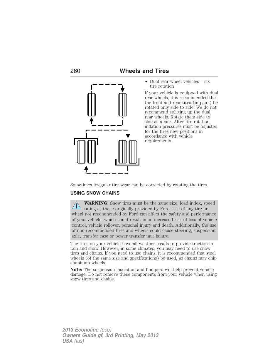 Using snow chains, 260 wheels and tires | FORD 2013 E-450 v.3 User Manual | Page 261 / 444