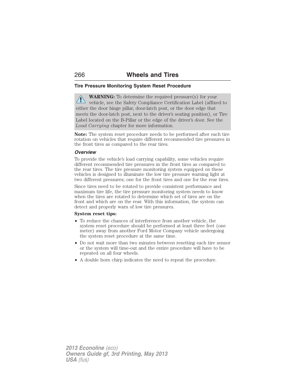 Tire pressure monitoring system reset procedure, Overview, 266 wheels and tires | FORD 2013 E-450 v.3 User Manual | Page 267 / 444