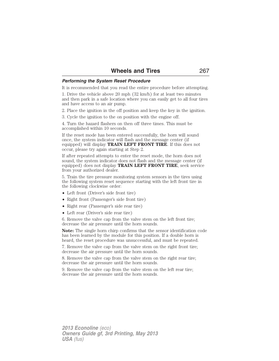 Performing the system reset procedure, Wheels and tires 267 | FORD 2013 E-450 v.3 User Manual | Page 268 / 444