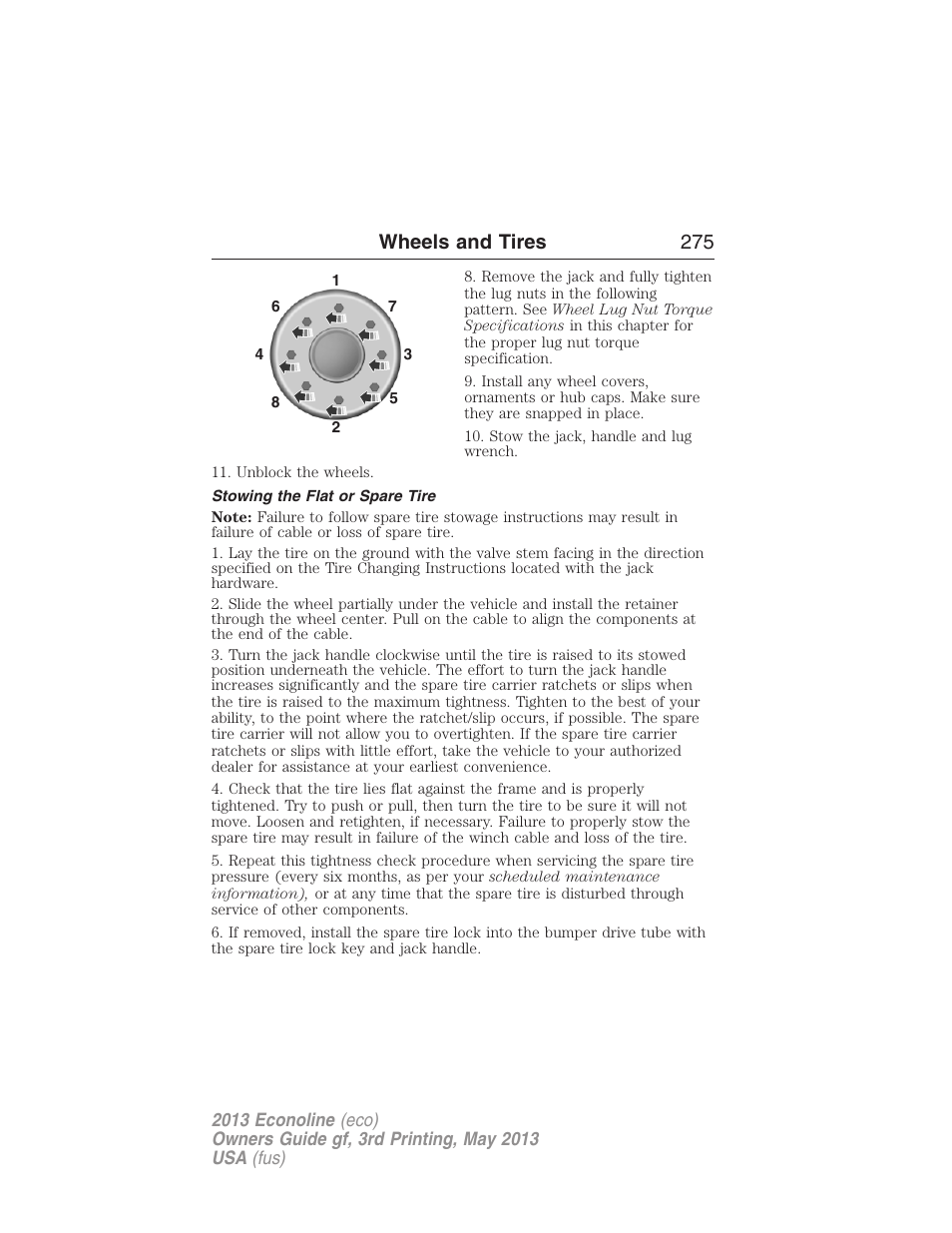Stowing the flat or spare tire, Wheels and tires 275 | FORD 2013 E-450 v.3 User Manual | Page 276 / 444