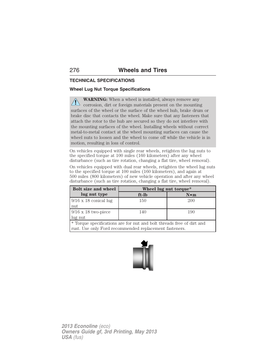 Technical specifications, Wheel lug nut torque specifications, Wheel lug nut torque | 276 wheels and tires | FORD 2013 E-450 v.3 User Manual | Page 277 / 444