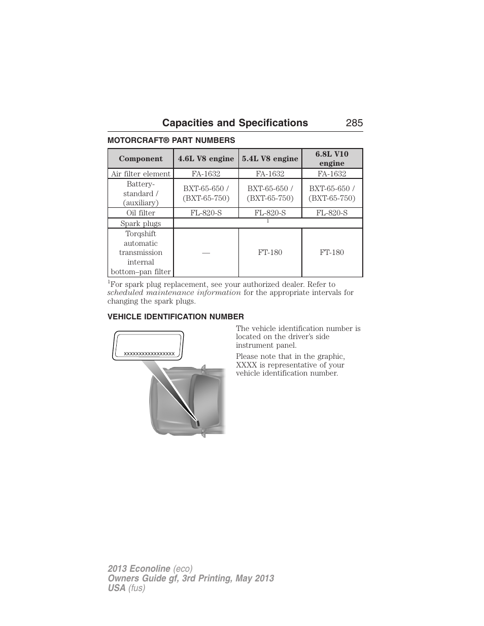 Motorcraft® part numbers, Vehicle identification number, Part numbers | Capacities and specifications 285 | FORD 2013 E-450 v.3 User Manual | Page 286 / 444
