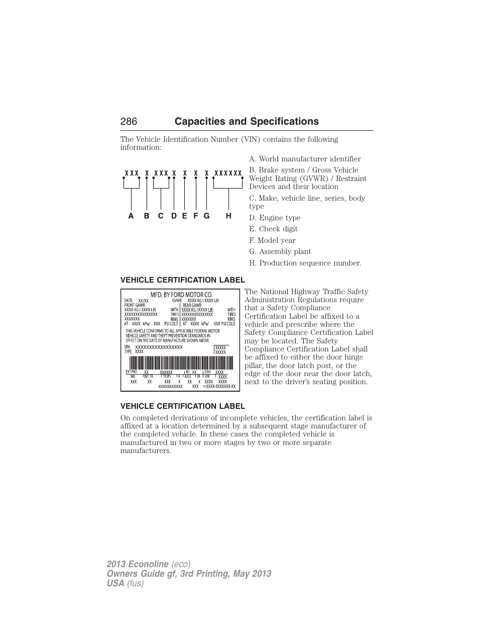 Vehicle certification label, 286 capacities and specifications | FORD 2013 E-450 v.3 User Manual | Page 287 / 444