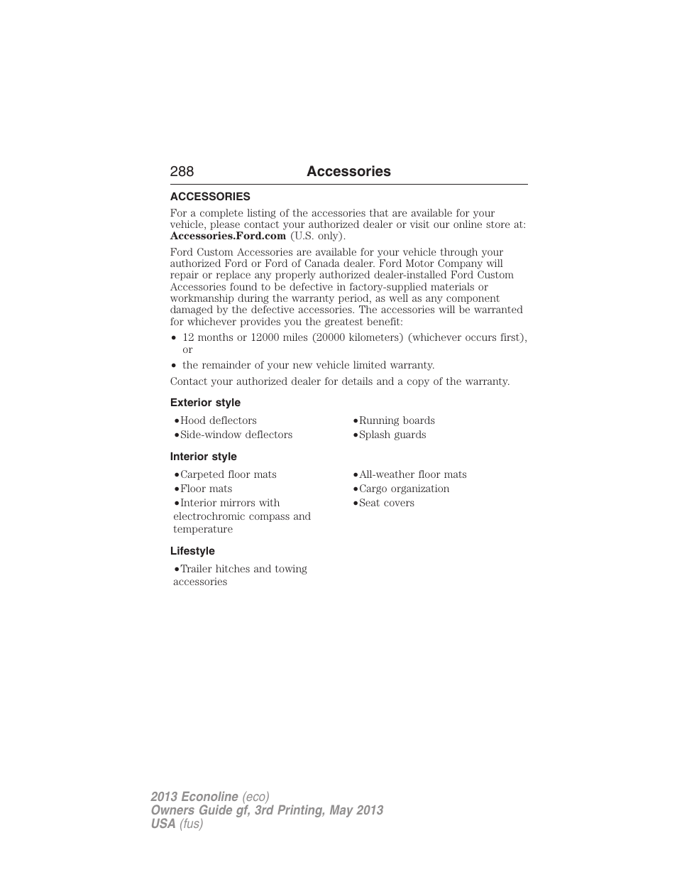 Accessories, Exterior style, Interior style | Lifestyle, 288 accessories | FORD 2013 E-450 v.3 User Manual | Page 289 / 444
