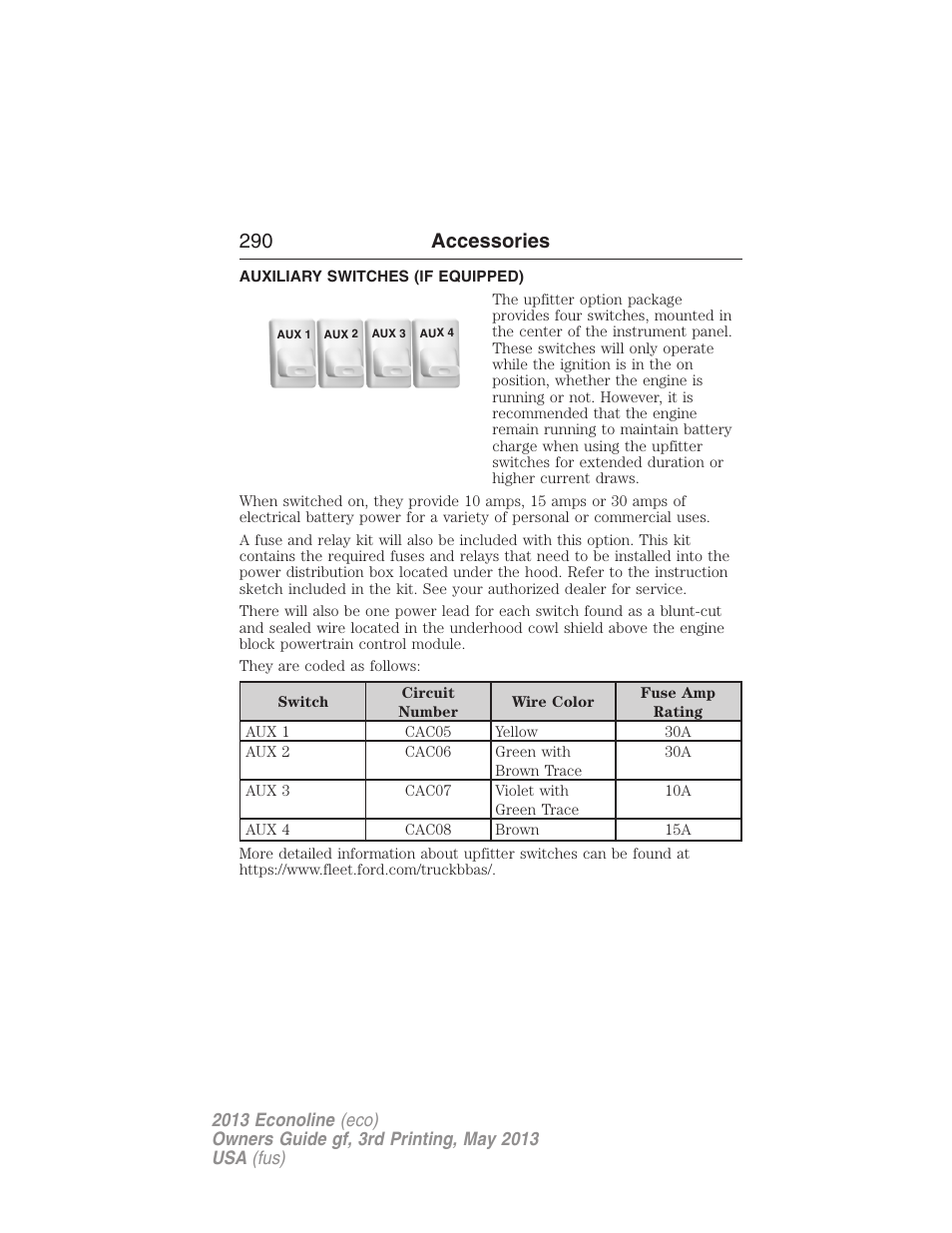 Auxiliary switches (if equipped), Upfitter controls, 290 accessories | FORD 2013 E-450 v.3 User Manual | Page 291 / 444