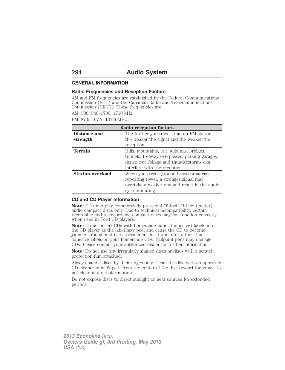 Audio system, General information, Radio frequencies and reception factors | Cd and cd player information, 294 audio system | FORD 2013 E-450 v.3 User Manual | Page 295 / 444