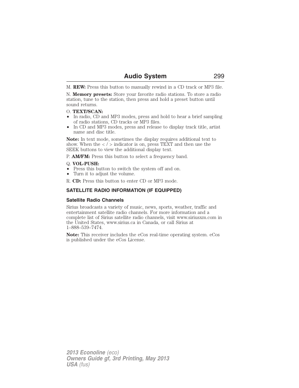 Satellite radio information (if equipped), Satellite radio channels, Satellite radio information | Audio system 299 | FORD 2013 E-450 v.3 User Manual | Page 300 / 444