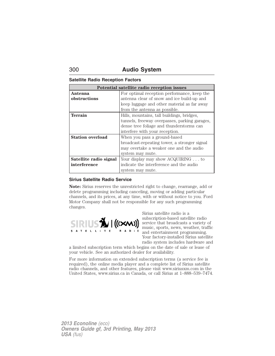 Satellite radio reception factors, Sirius satellite radio service, 300 audio system | FORD 2013 E-450 v.3 User Manual | Page 301 / 444