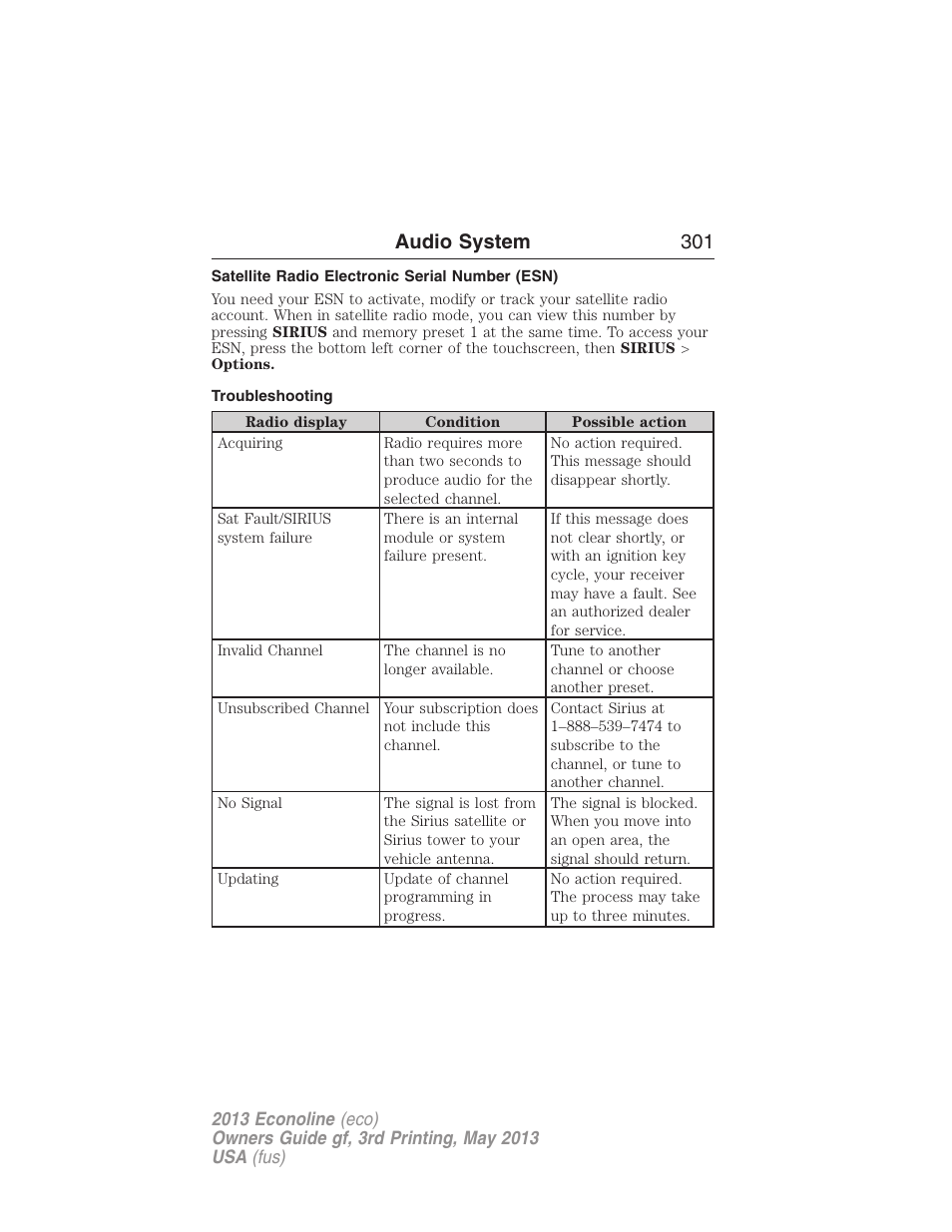 Satellite radio electronic serial number (esn), Troubleshooting, Audio system 301 | FORD 2013 E-450 v.3 User Manual | Page 302 / 444