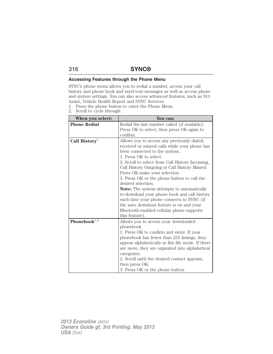 Accessing features through the phone menu, 316 sync | FORD 2013 E-450 v.3 User Manual | Page 317 / 444