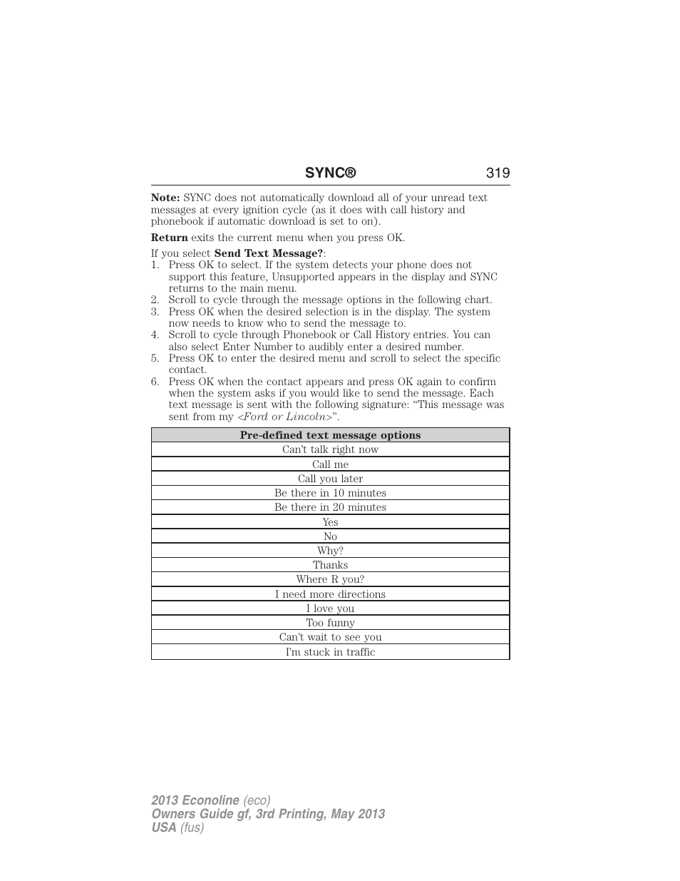 Sync® 319 | FORD 2013 E-450 v.3 User Manual | Page 320 / 444