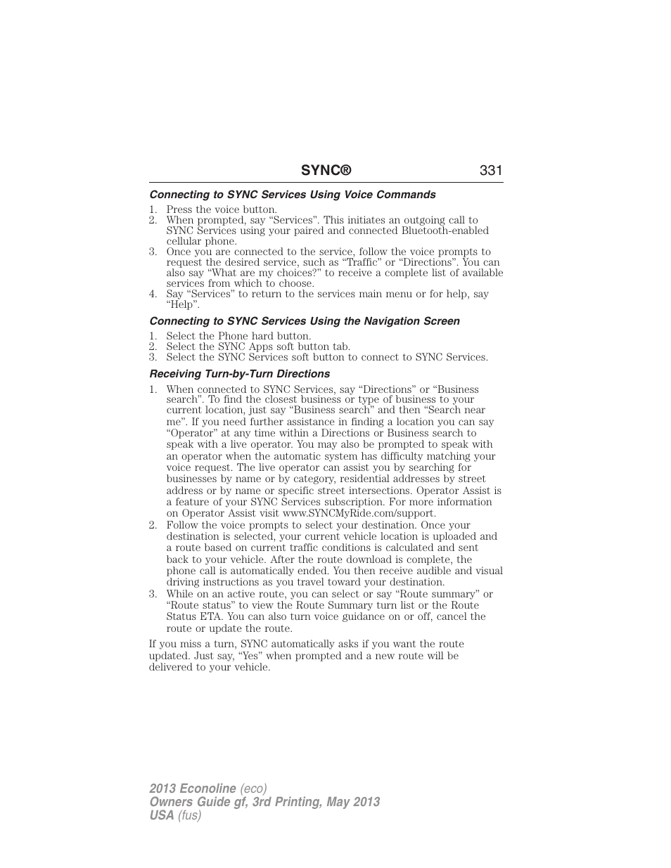 Connecting to sync services using voice commands, Receiving turn-by-turn directions, Sync® 331 | FORD 2013 E-450 v.3 User Manual | Page 332 / 444