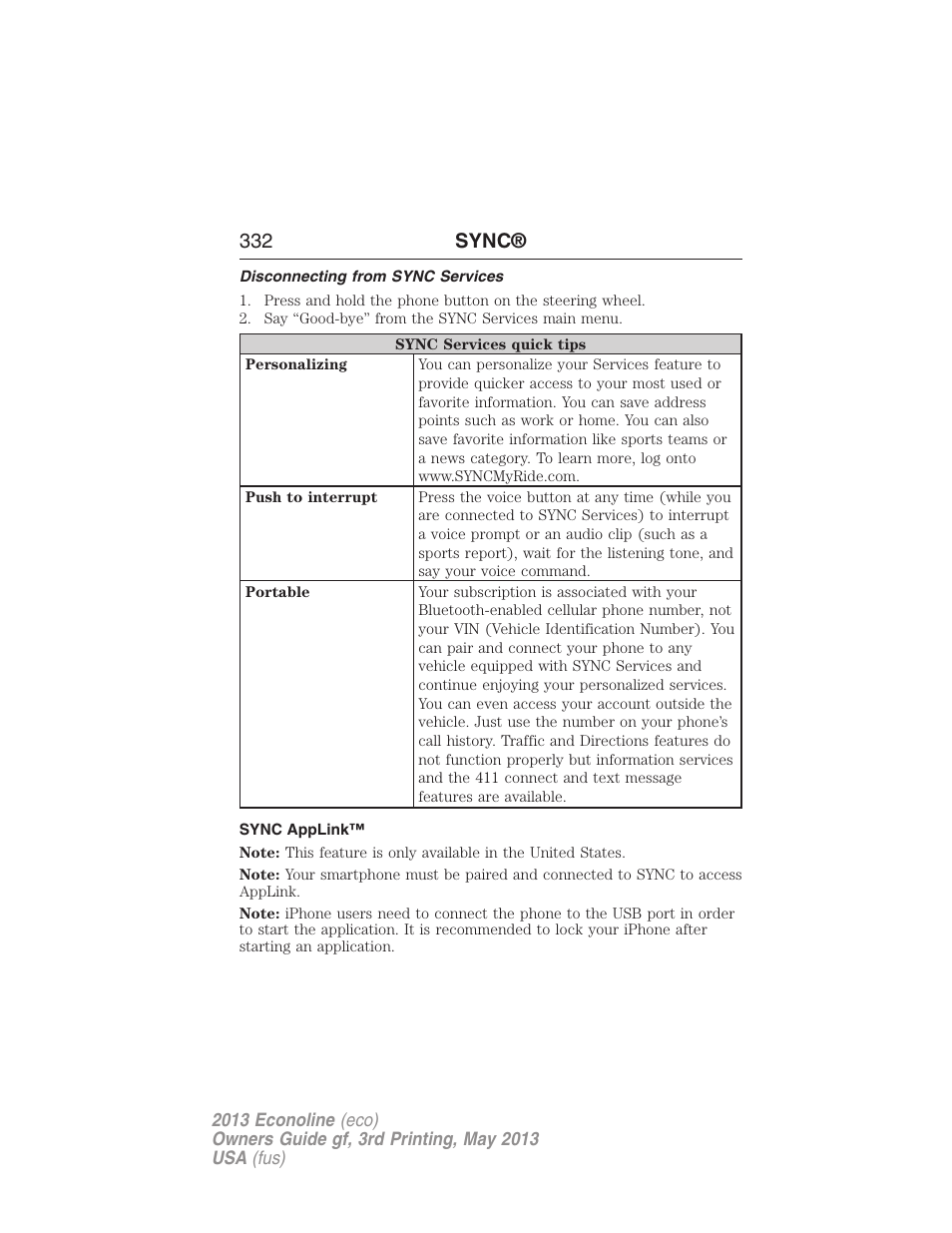 Disconnecting from sync services, Sync applink, 332 sync | FORD 2013 E-450 v.3 User Manual | Page 333 / 444