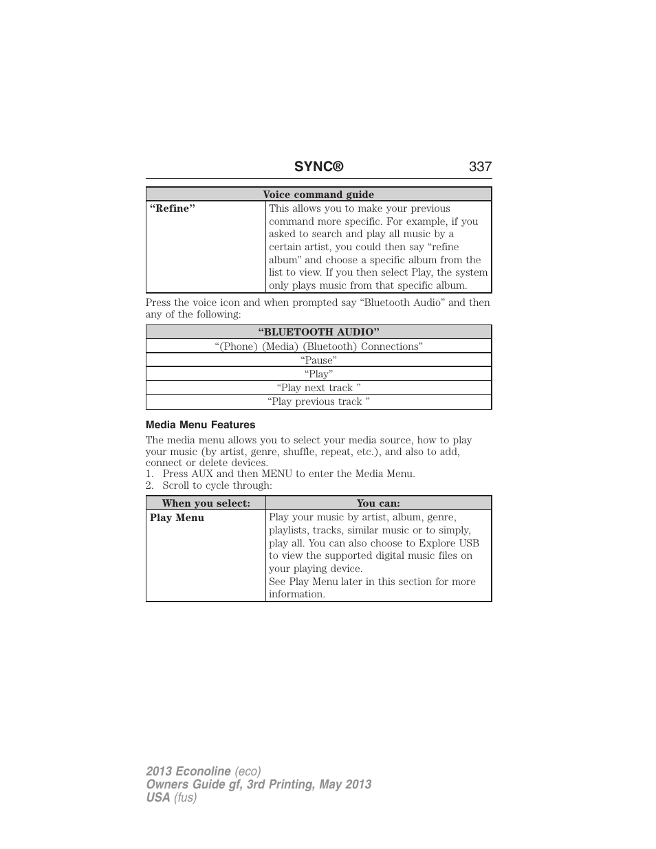 Media menu features, Sync® 337 | FORD 2013 E-450 v.3 User Manual | Page 338 / 444