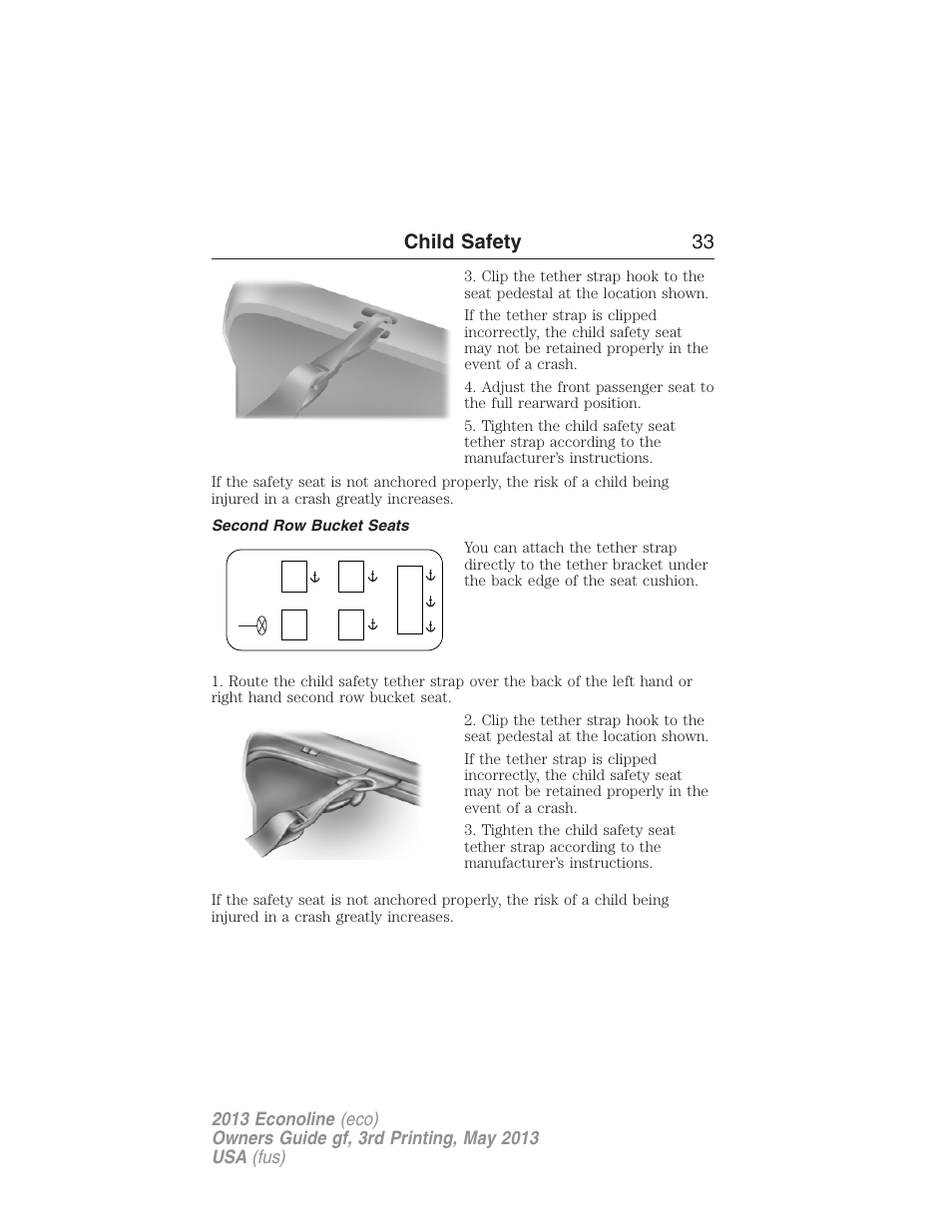 Second row bucket seats, Child safety 33 | FORD 2013 E-450 v.3 User Manual | Page 34 / 444