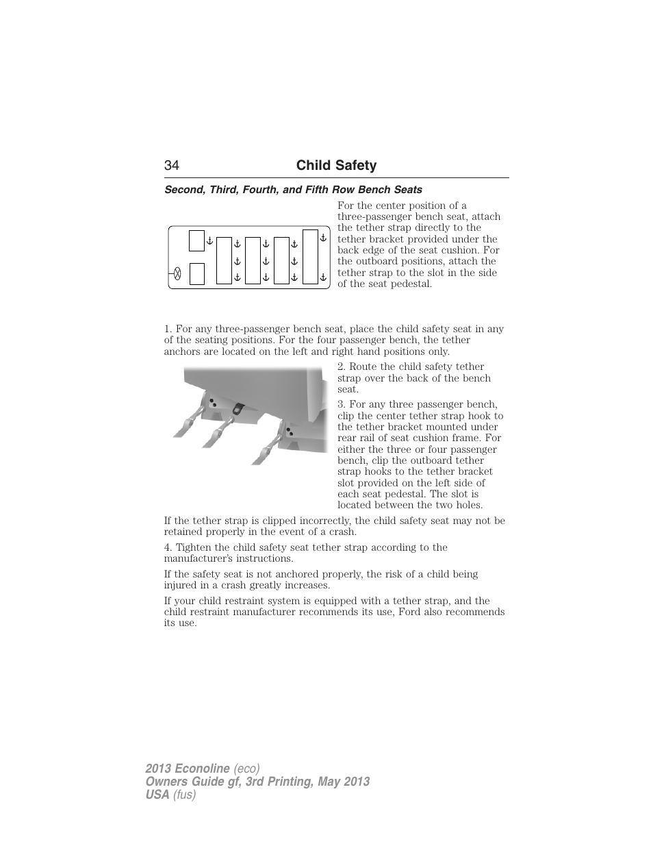 Second, third, fourth, and fifth row bench seats, 34 child safety | FORD 2013 E-450 v.3 User Manual | Page 35 / 444