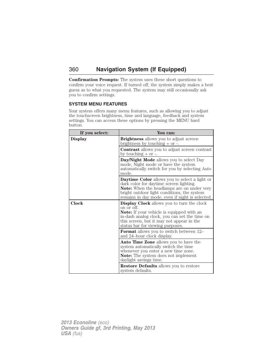 System menu features, 360 navigation system (if equipped) | FORD 2013 E-450 v.3 User Manual | Page 361 / 444