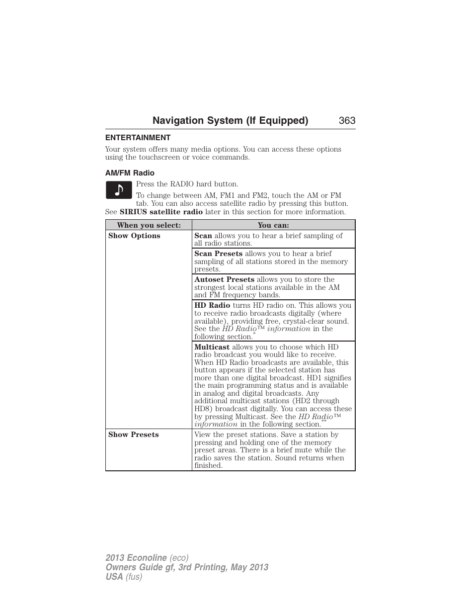 Entertainment, Am/fm radio, Accessing media features | Navigation system (if equipped) 363 | FORD 2013 E-450 v.3 User Manual | Page 364 / 444