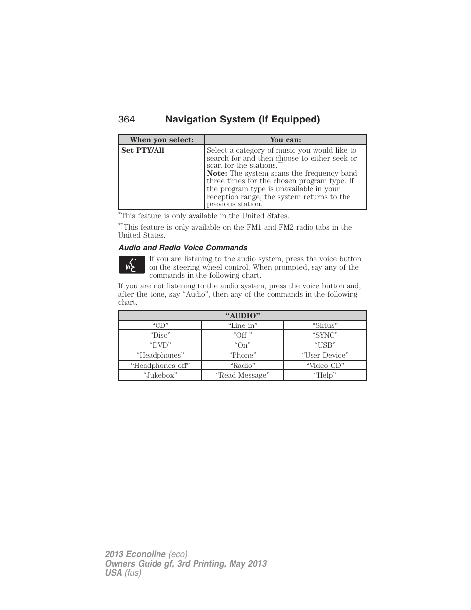 Audio and radio voice commands, 364 navigation system (if equipped) | FORD 2013 E-450 v.3 User Manual | Page 365 / 444