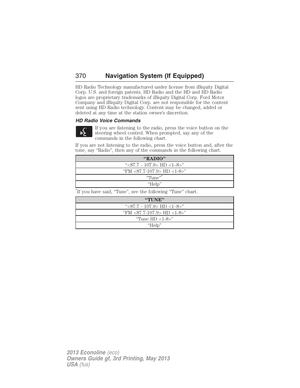 Hd radio voice commands, 370 navigation system (if equipped) | FORD 2013 E-450 v.3 User Manual | Page 371 / 444