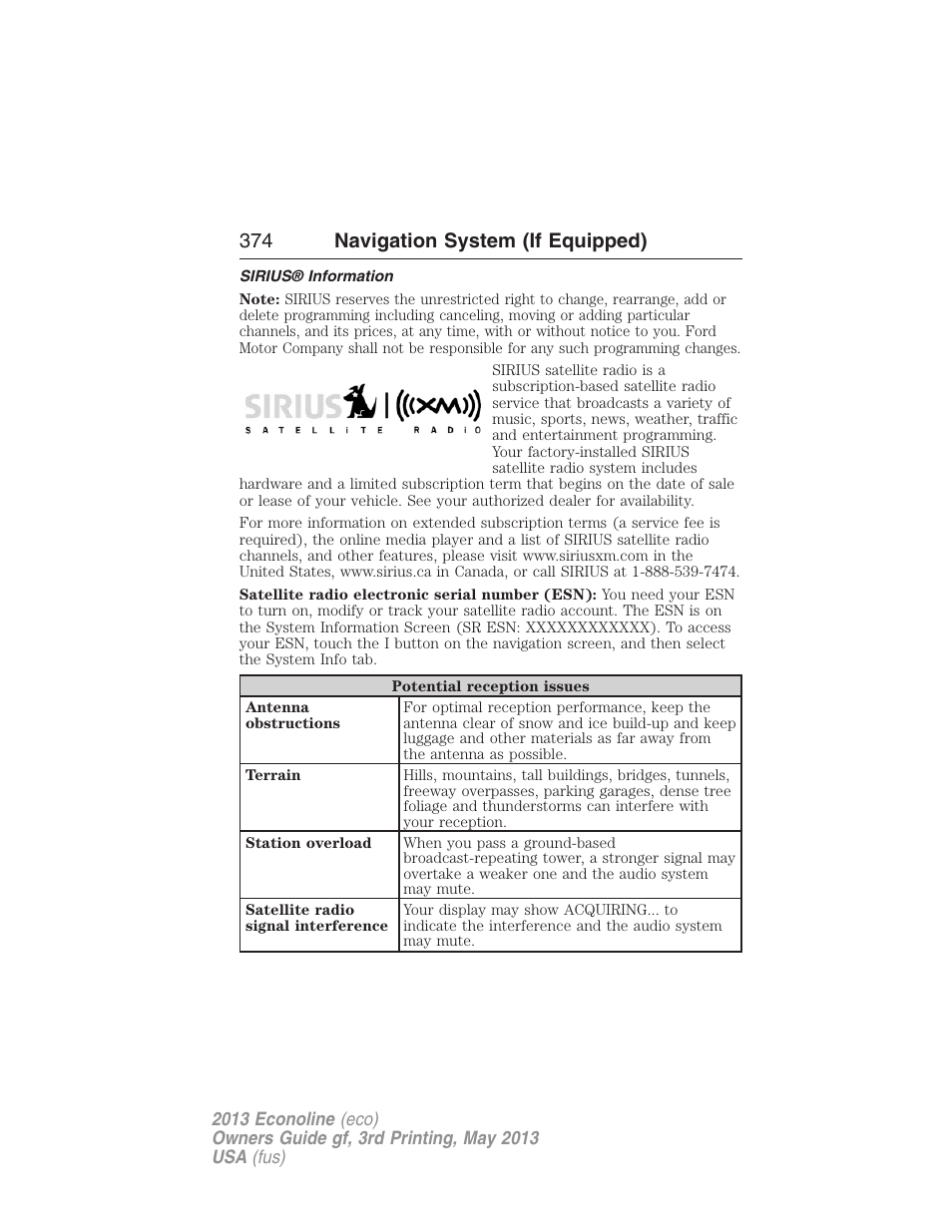 Sirius® information, 374 navigation system (if equipped) | FORD 2013 E-450 v.3 User Manual | Page 375 / 444