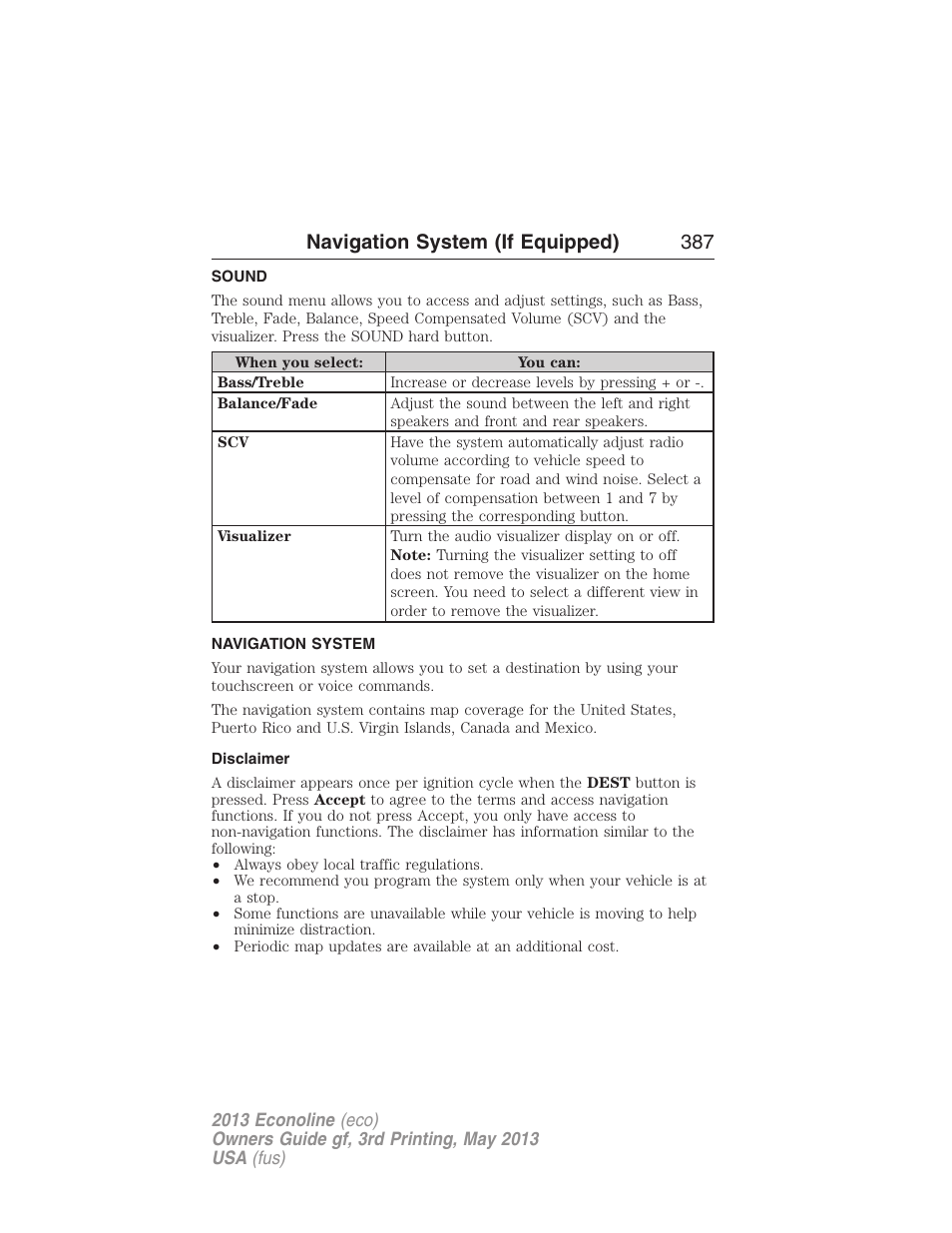 Sound, Navigation system, Disclaimer | Navigation features, Navigation system (if equipped) 387 | FORD 2013 E-450 v.3 User Manual | Page 388 / 444