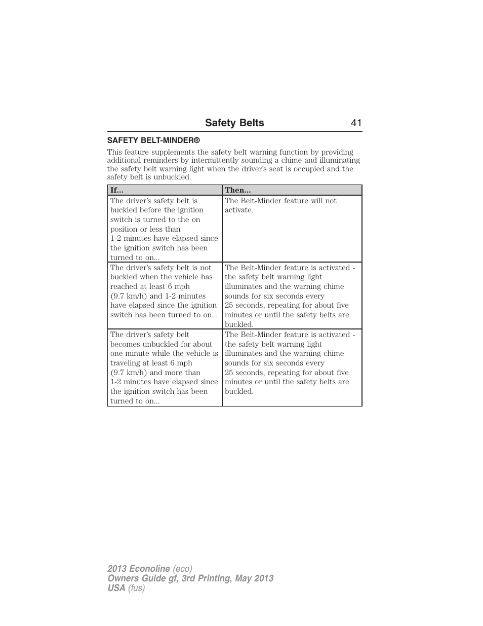 Safety belt-minder, Safety belts 41 | FORD 2013 E-450 v.3 User Manual | Page 42 / 444