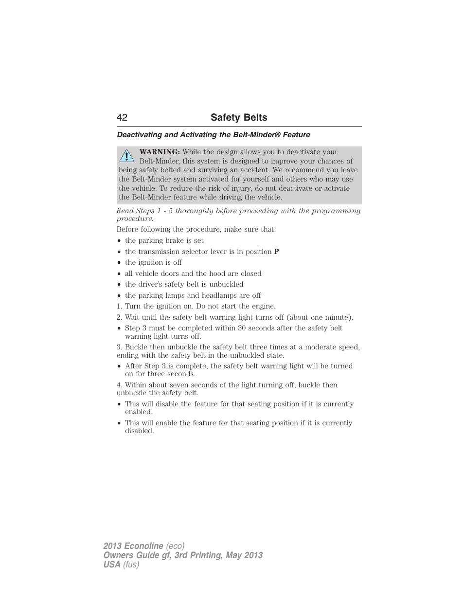 42 safety belts | FORD 2013 E-450 v.3 User Manual | Page 43 / 444