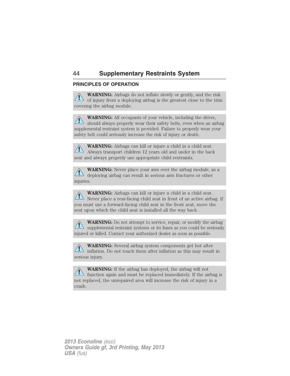 Supplementary restraints system, Principles of operation, 44 supplementary restraints system | FORD 2013 E-450 v.3 User Manual | Page 45 / 444