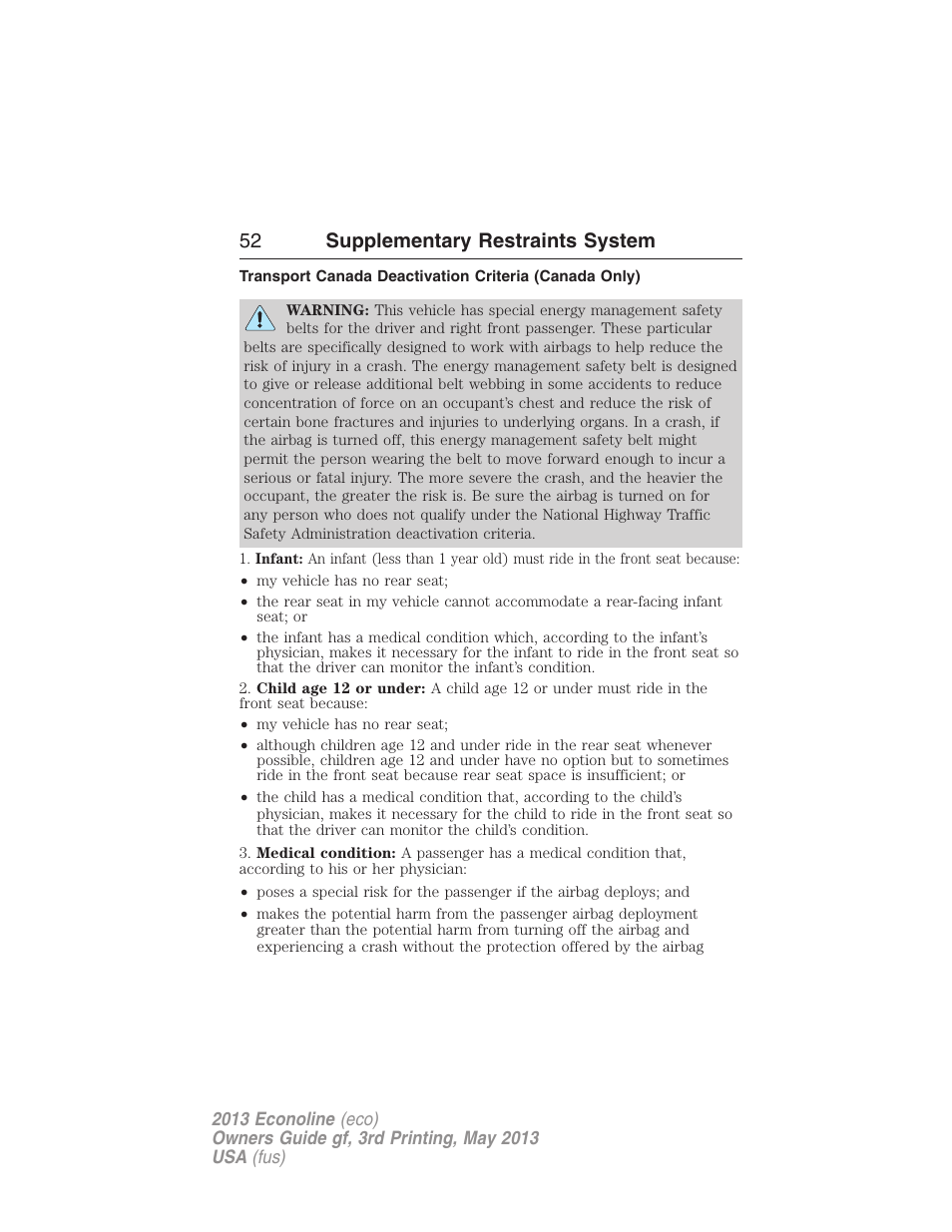 52 supplementary restraints system | FORD 2013 E-450 v.3 User Manual | Page 53 / 444