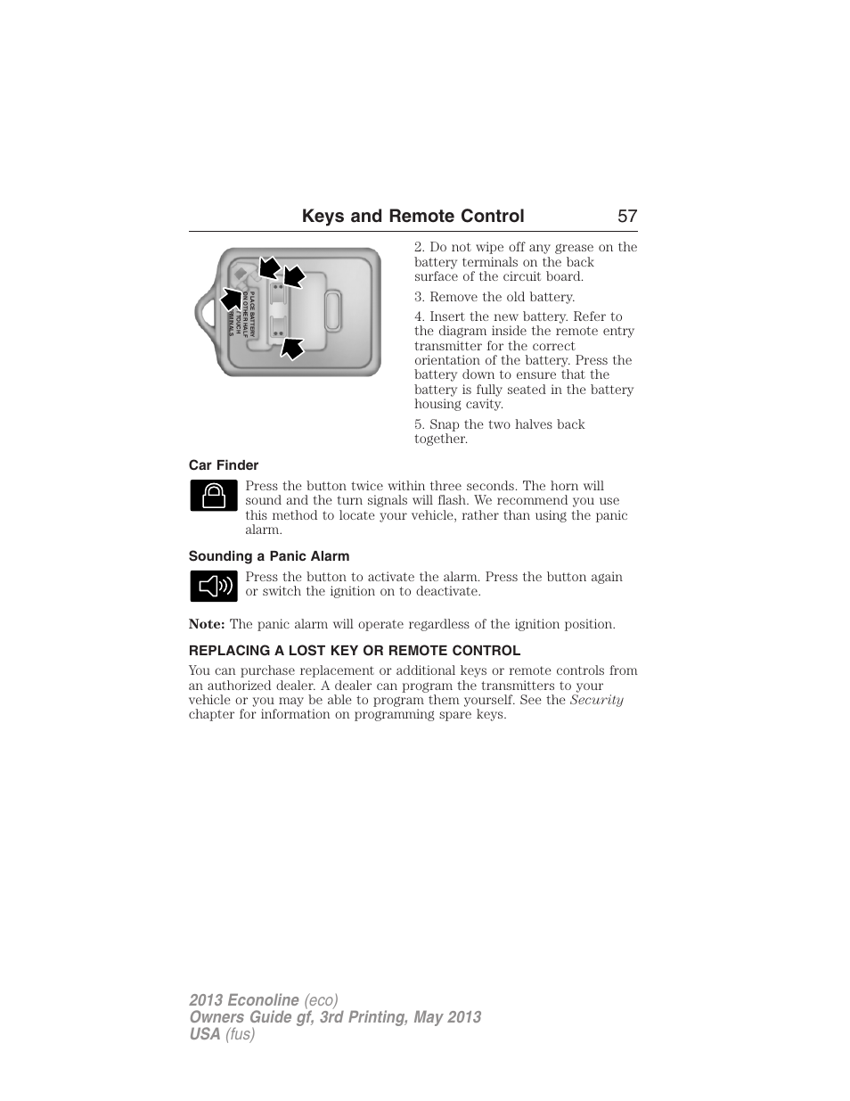 Car finder, Sounding a panic alarm, Replacing a lost key or remote control | Keys and remote control 57 | FORD 2013 E-450 v.3 User Manual | Page 58 / 444
