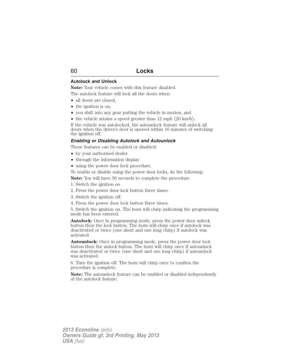Autolock and unlock, Enabling or disabling autolock and autounlock, 60 locks | FORD 2013 E-450 v.3 User Manual | Page 61 / 444