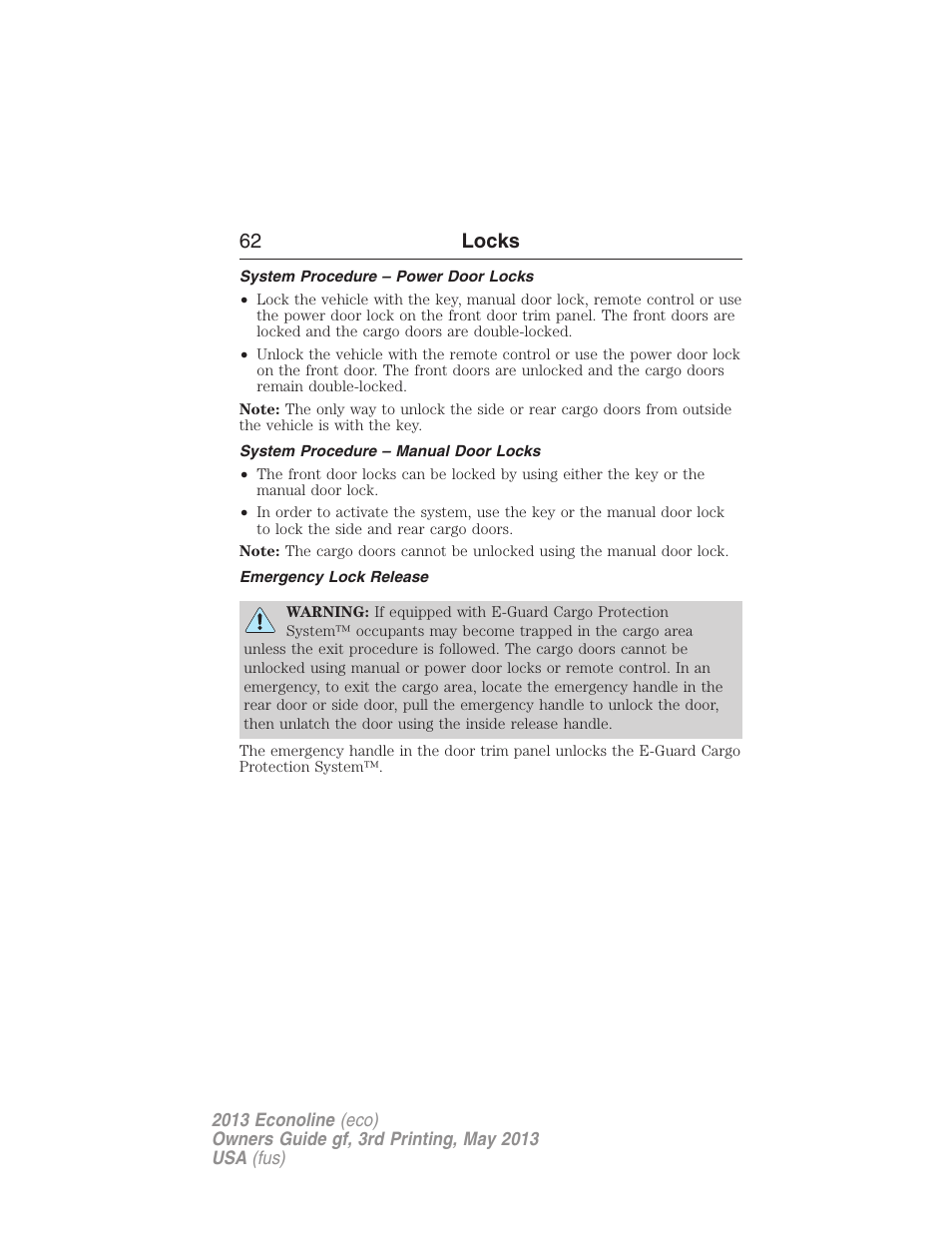 System procedure – power door locks, System procedure – manual door locks, Emergency lock release | 62 locks | FORD 2013 E-450 v.3 User Manual | Page 63 / 444