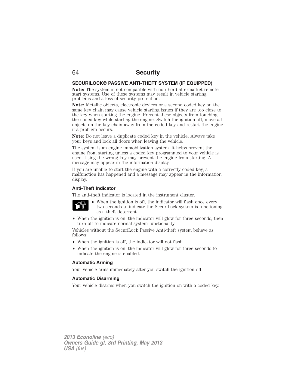 Security, Anti-theft indicator, Automatic arming | Automatic disarming, Securilock® passive anti-theft system, 64 security | FORD 2013 E-450 v.3 User Manual | Page 65 / 444