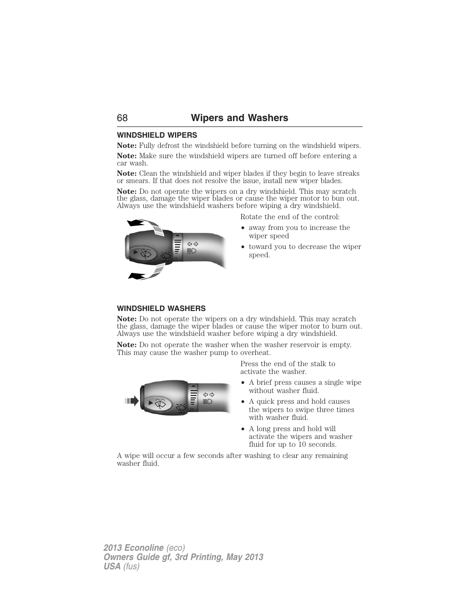 Wipers and washers, Windshield wipers, Windshield washers | 68 wipers and washers | FORD 2013 E-450 v.3 User Manual | Page 69 / 444