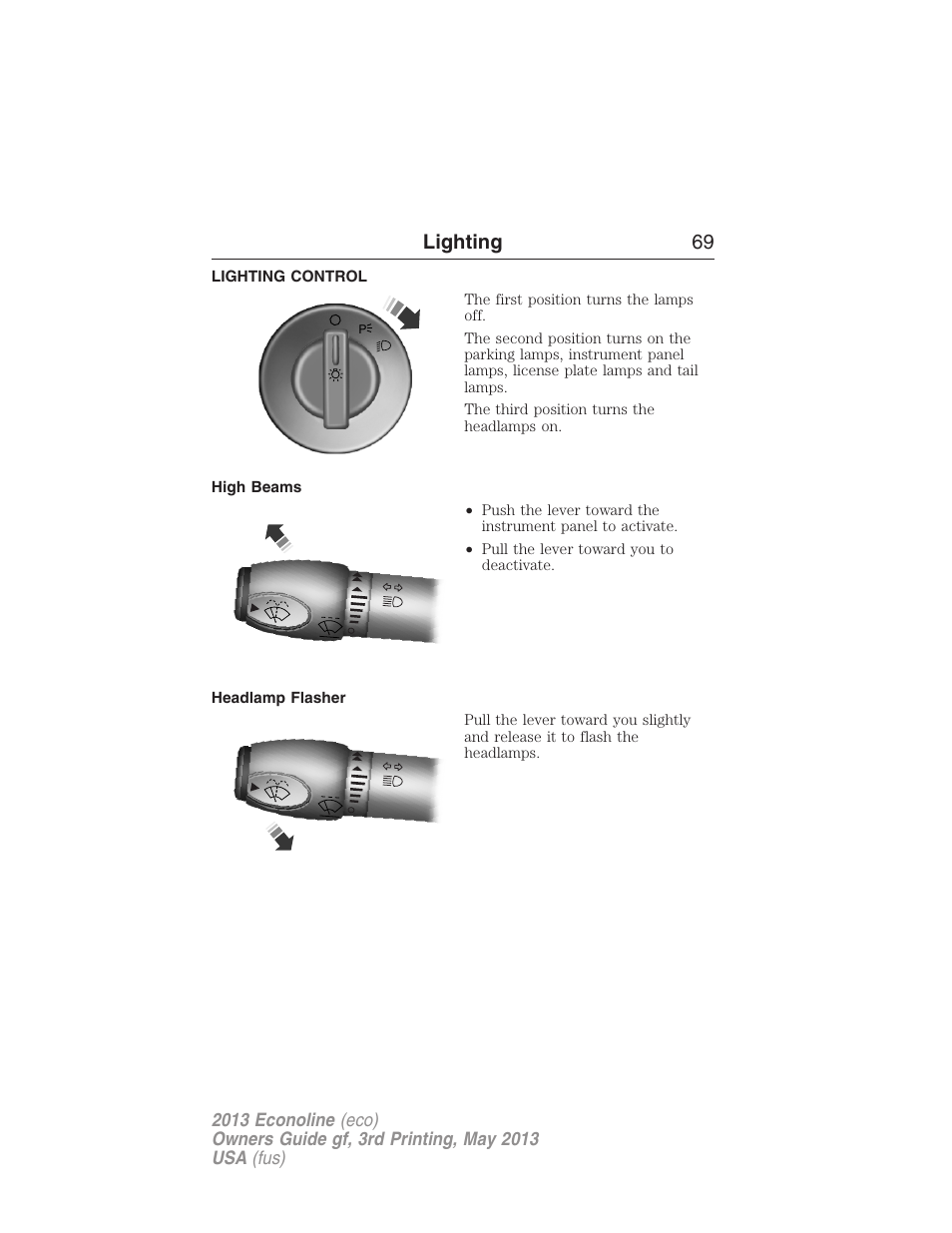 Lighting, Lighting control, High beams | Headlamp flasher, Lighting 69 | FORD 2013 E-450 v.3 User Manual | Page 70 / 444