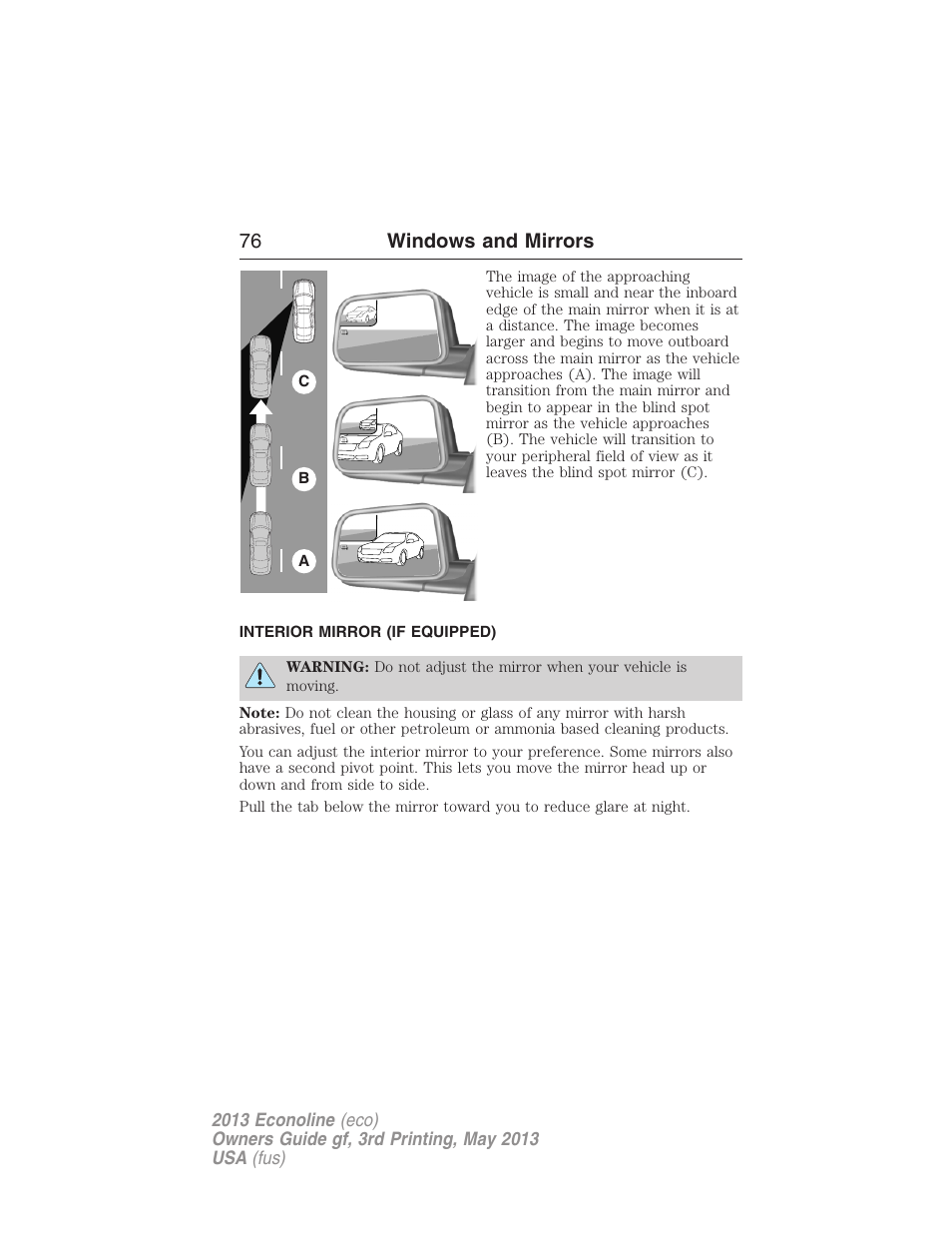 Interior mirror (if equipped), Interior mirrors, 76 windows and mirrors | FORD 2013 E-450 v.3 User Manual | Page 77 / 444