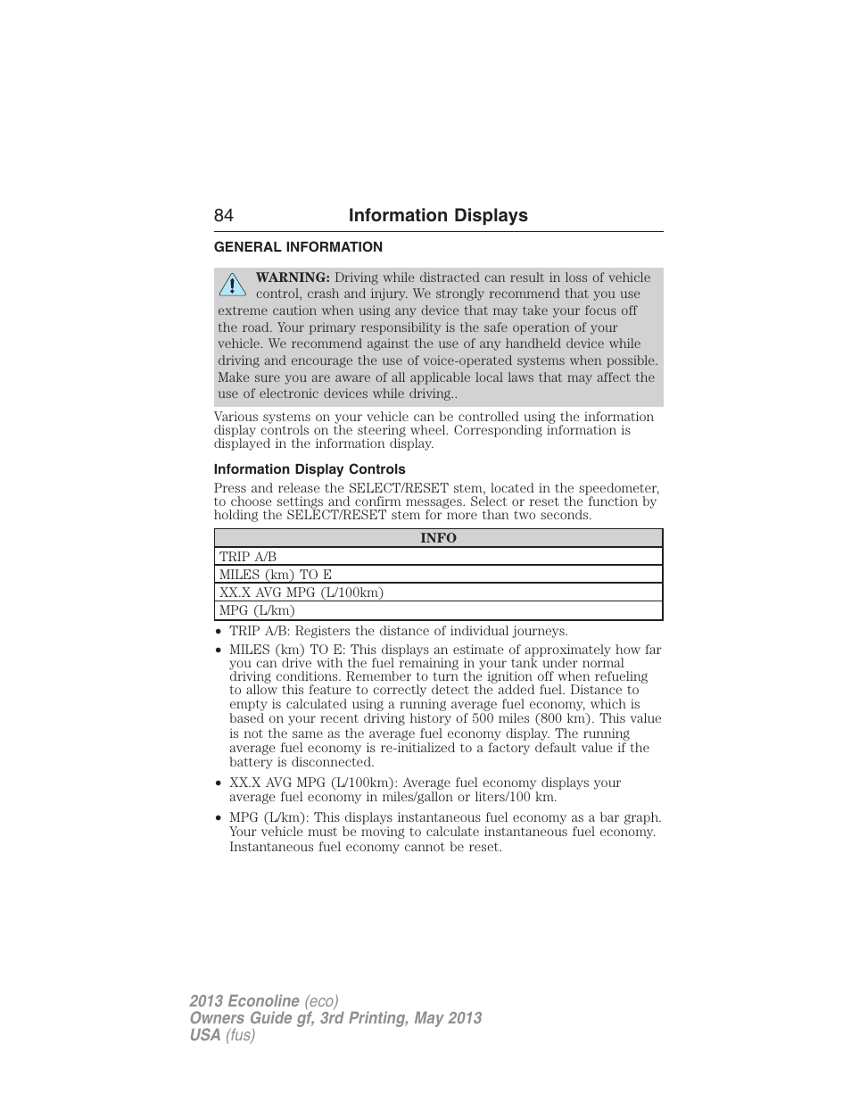 Information displays, General information, Information display controls | Controls, 84 information displays | FORD 2013 E-450 v.3 User Manual | Page 85 / 444