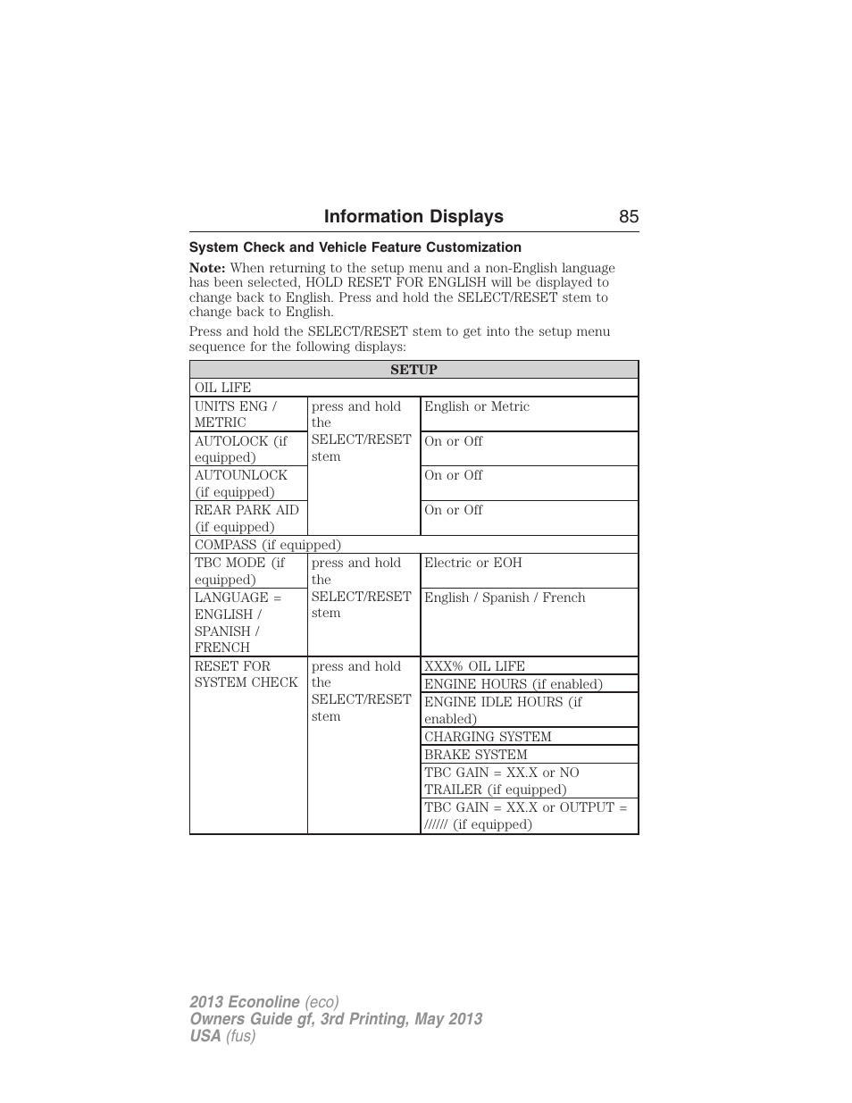 System check and vehicle feature customization, Information displays 85 | FORD 2013 E-450 v.3 User Manual | Page 86 / 444