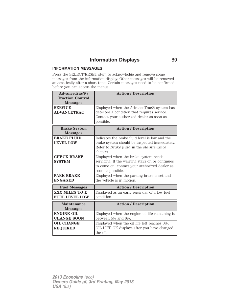 Information messages, Information displays 89 | FORD 2013 E-450 v.3 User Manual | Page 90 / 444