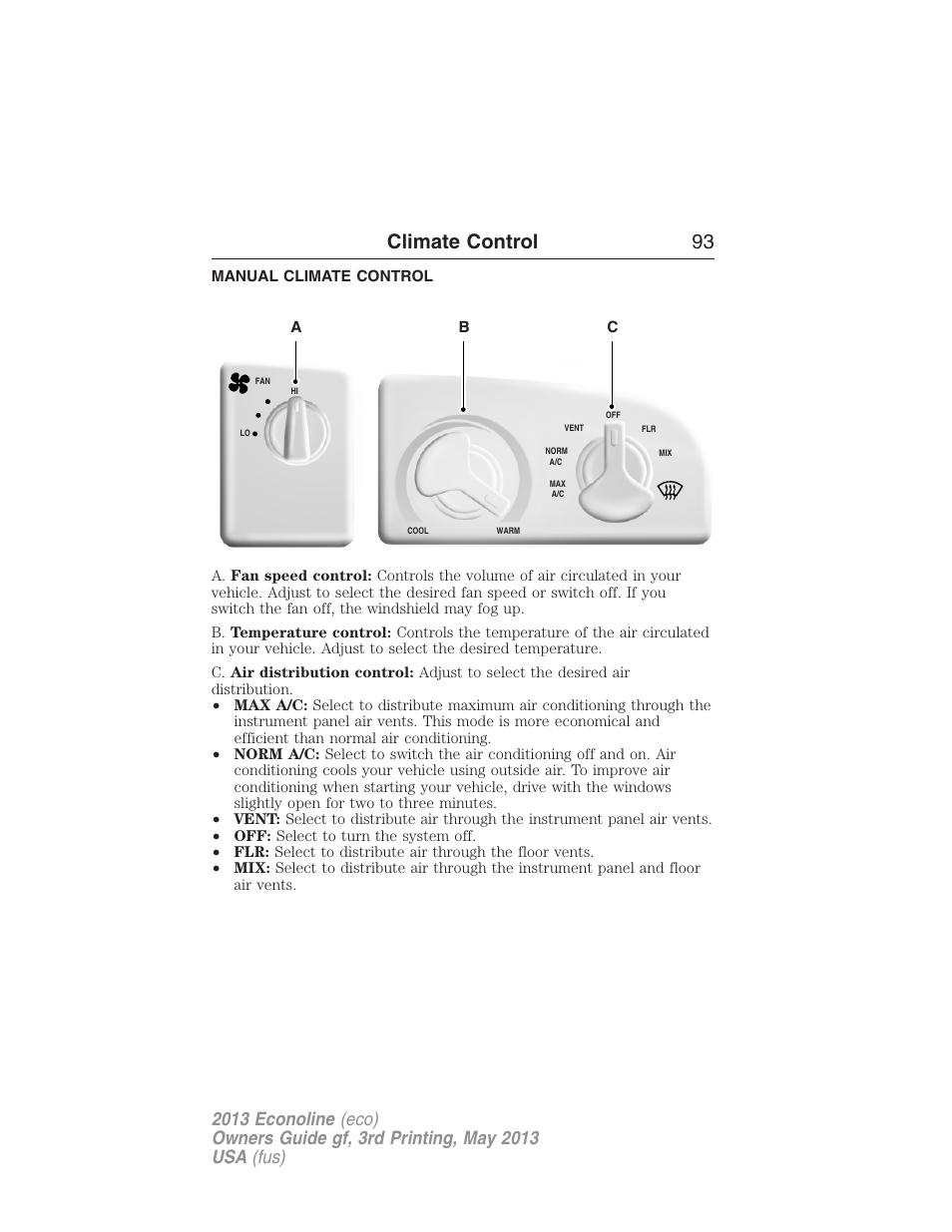 Manual climate control, Climate control 93 | FORD 2013 E-450 v.3 User Manual | Page 94 / 444