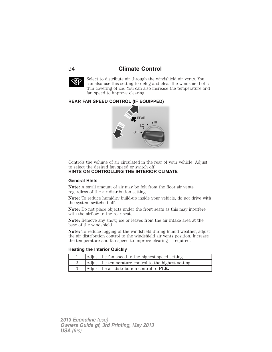 Rear fan speed control (if equipped), Hints on controlling the interior climate, General hints | Heating the interior quickly, 94 climate control | FORD 2013 E-450 v.3 User Manual | Page 95 / 444