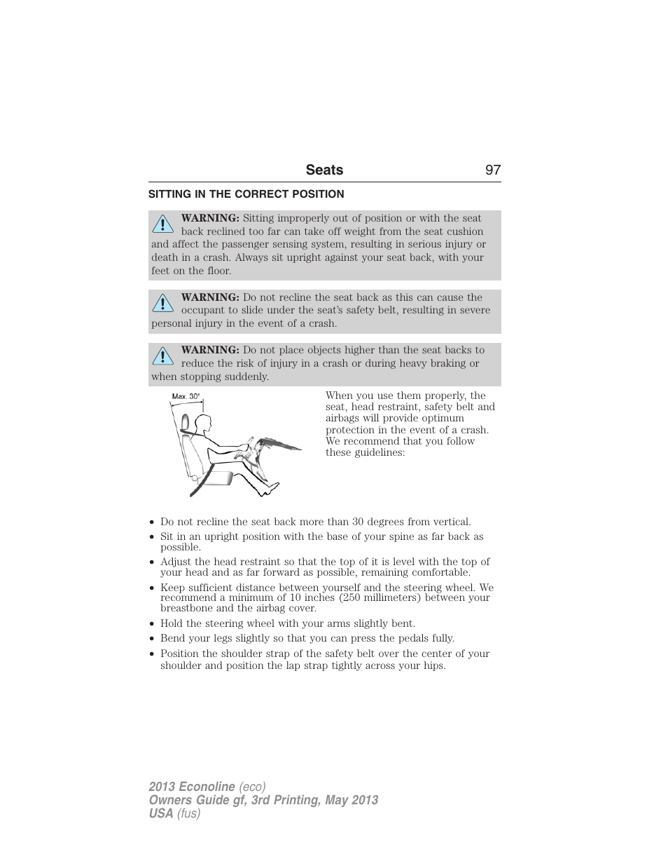 Seats, Sitting in the correct position, Seats 97 | FORD 2013 E-450 v.3 User Manual | Page 98 / 444