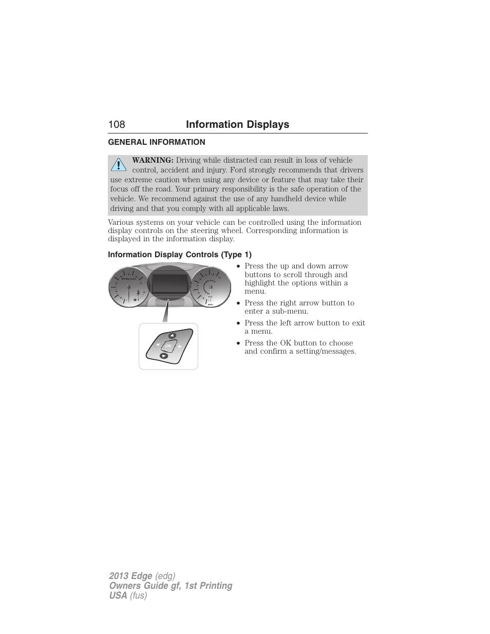 Information displays, General information, Information display controls (type 1) | Controls, 108 information displays | FORD 2013 Edge v.1 User Manual | Page 108 / 526